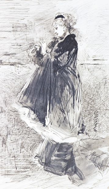 null Henry SOMM (1844-1907). 

Elegant woman with coat. 

Ink on paper. 

Signed...