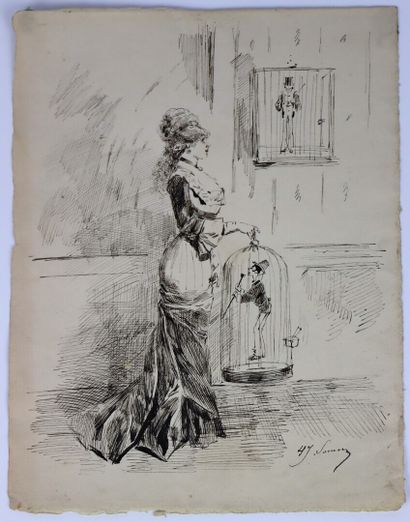 null Henry SOMM (1844-1907). 

Elegant woman with a cage. 

Ink on paper.

Signed...
