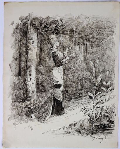null Henry SOMM (1844-1907). 

Elégante au jardin. 

Encre sur papier. 

Signée en...