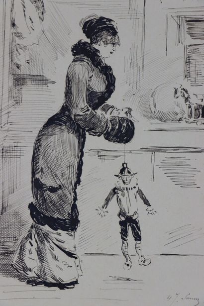 null Henry SOMM (1844-1907). 

Elegant woman with a wooden puppet. 

Ink on paper....