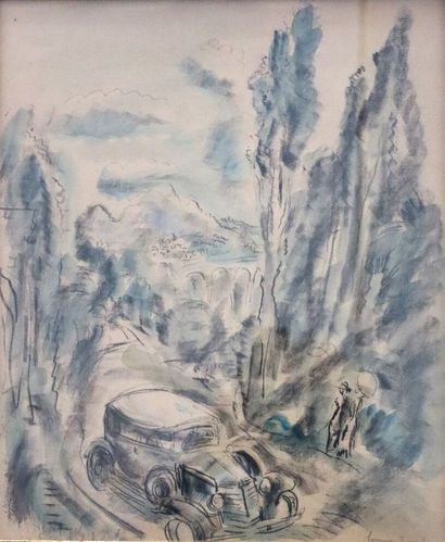 null Hermine DAVID (1886-1970).

Car on a mountain road.

Ink, charcoal and watercolor...
