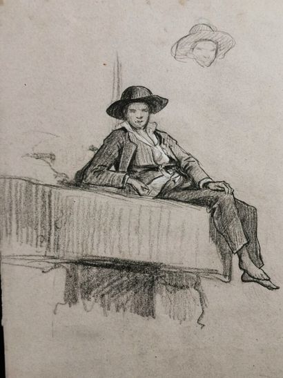 null French school of the 19th century.

Young man with a hat sitting on an architecture.

Charcoal,...
