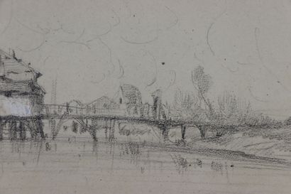  Camille FLERS (1802-1868) 
Moulin et pont. 
Crayon noir et aquarelle 
Signé en bas...