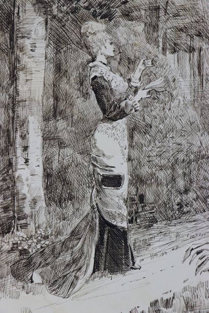 null Henry SOMM (1844-1907). 

Elegant woman in the garden. 

Ink on paper. 

Signed...