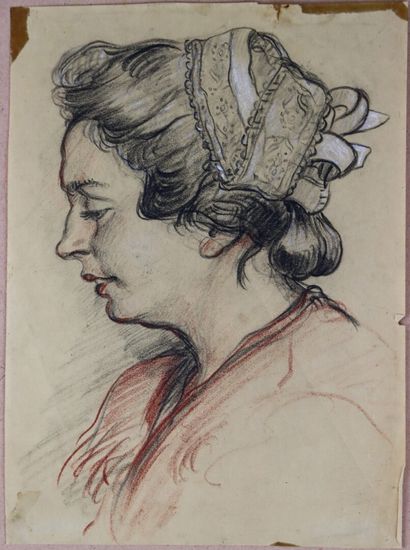 null French school of the 19th century.

Portrait of a woman with a fichu.

Pencil...