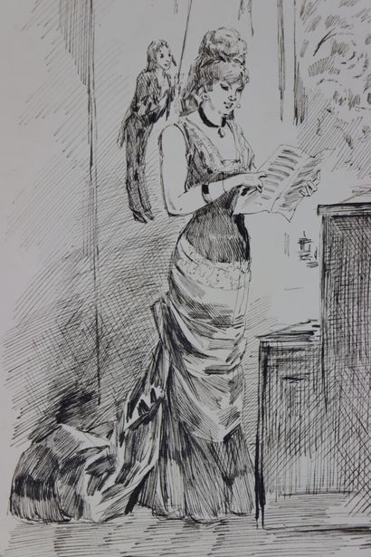 null Henry SOMM (1844-1907). 

La musicienne. 

Encre sur papier. 

Signée en bas...