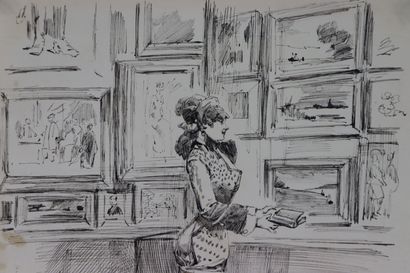 null Henry SOMM (1844-1907). 

Elegant at the Salon. 

Ink on paper. 

Signed lower...