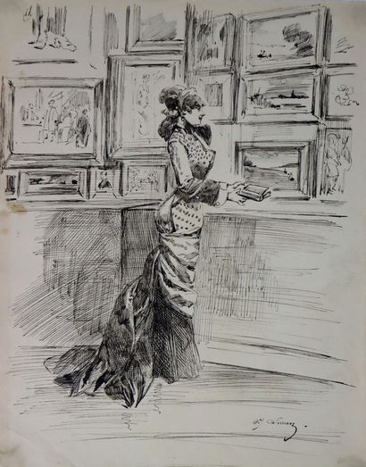 null Henry SOMM (1844-1907). 

Elegant at the Salon. 

Ink on paper. 

Signed lower...