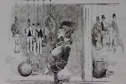 null Henry SOMM (1844-1907). 

The puppet shop. 

Ink on paper. 

Signed lower right....