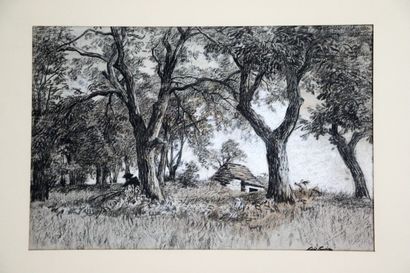 null Louis LEMAIRE (1824-1910).

Chaumière dans la forêt.

Fusain et crayon gras...