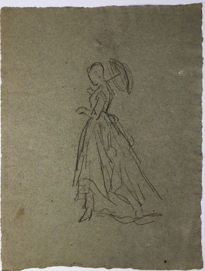 null French school of the 19th century.

Young woman with a parasol and a man bending...