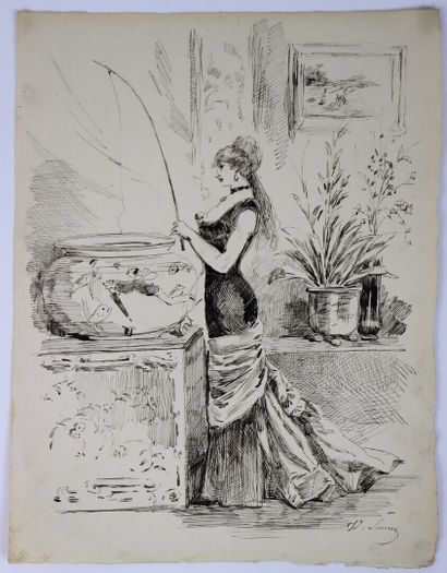 null Henry SOMM (1844-1907). 

Partie de pêche. 

Encre sur papier. 

Signée en bas...