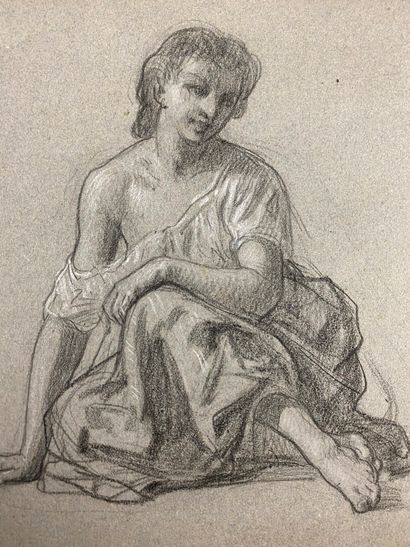 null French school of the 19th century.

Young woman sitting cross-legged.

Charcoal...