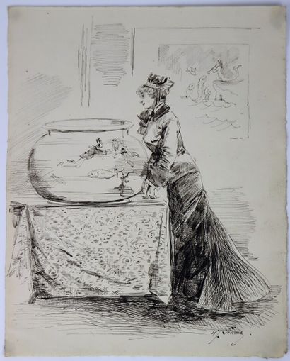 null Henry SOMM (1844-1907). 

Elegant with fish. 

Ink on paper. 

Signed lower...