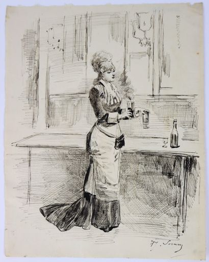 null Henry SOMM (1844-1907). 

A last drink. 

Ink on paper. 

Signed lower right....