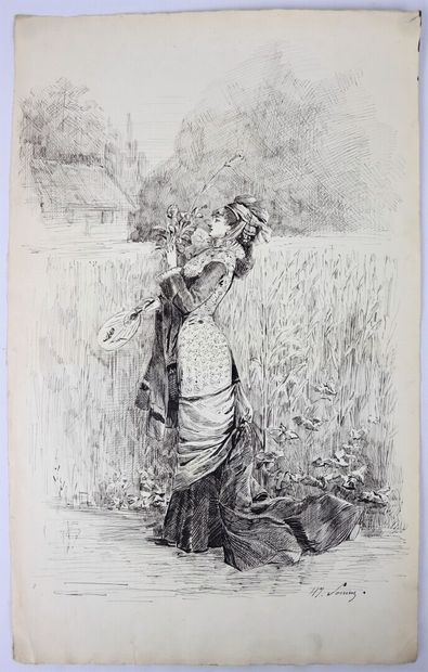 null Henry SOMM (1844-1907). 

Elegant woman with a fan and a bunch of flowers. 

Ink...