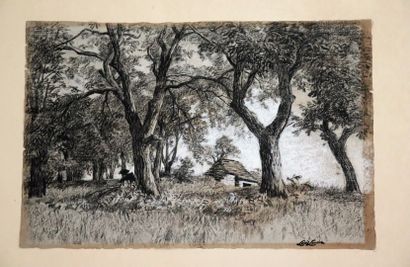 null Louis LEMAIRE (1824-1910).

Chaumière dans la forêt.

Fusain et crayon gras...