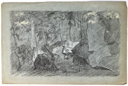 null Ecole française du XIXème siècle.

Les rochers en forêt de Fontainebleau.

Fusain...