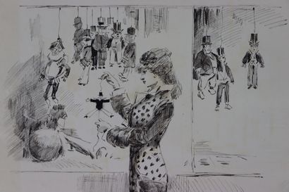 null Henry SOMM (1844-1907). 

"Shop 13" Elegante with puppets. 

Ink on paper. 

Signed...