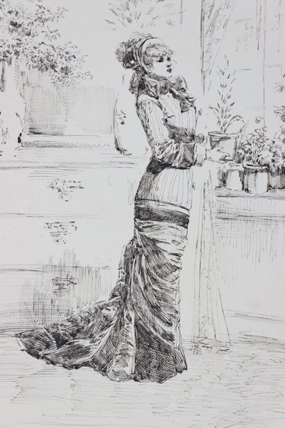 null Henry SOMM (1844-1907). 

Elegant woman with flowers. 

Ink on paper. 

Signed...