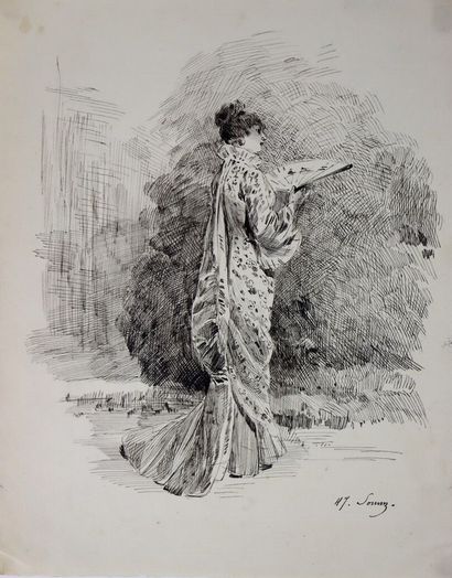 null Henry SOMM (1844-1907). 

Elegant woman with a fan. 

Ink on paper. 

Signed...