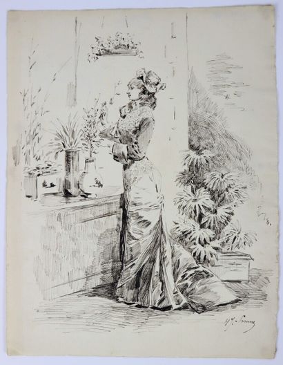 null Henry SOMM (1844-1907). 

Elégante aux fleurs dans un vase de Chine. 

Encre...