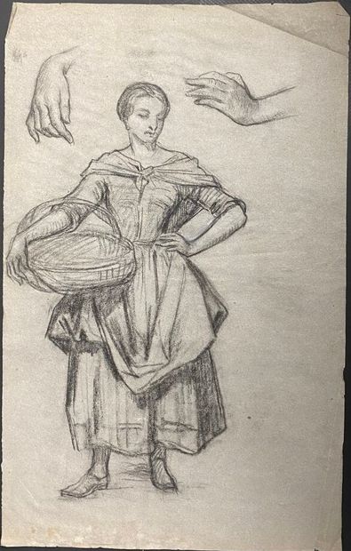 null French school of the 19th century.

Young woman with basket and study of hands.

Charcoal...
