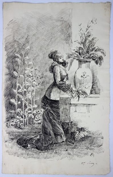 null Henry SOMM (1844-1907). 

Jeune femme aux fleurs. 

Encre sur papier. 

Signée...