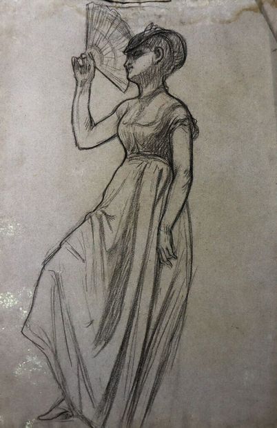 null French school of the 19th century.

Young woman with a fan.

Charcoal on paper.

H_46...