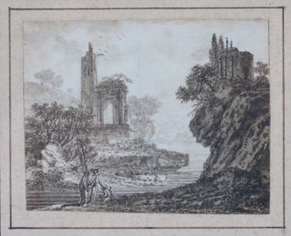 null French school of the XVIIIth century.

Pair of animated antique landscapes.

Ink...