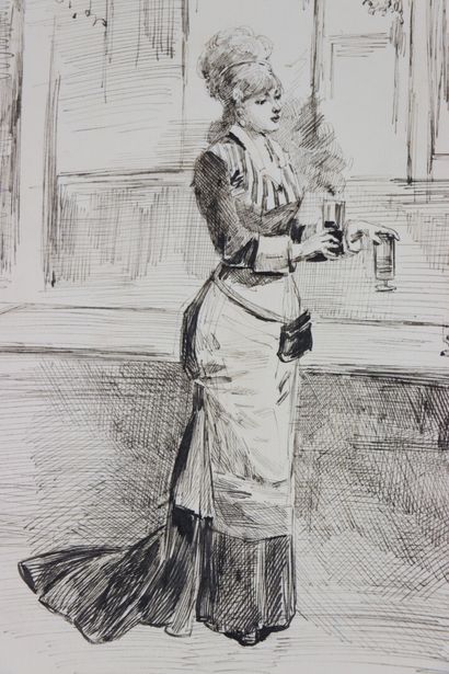 null Henry SOMM (1844-1907). 

A last drink. 

Ink on paper. 

Signed lower right....