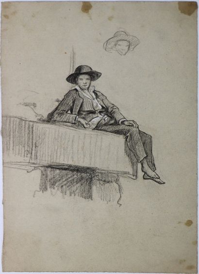 null French school of the 19th century.

Young man with a hat sitting on an architecture.

Charcoal,...