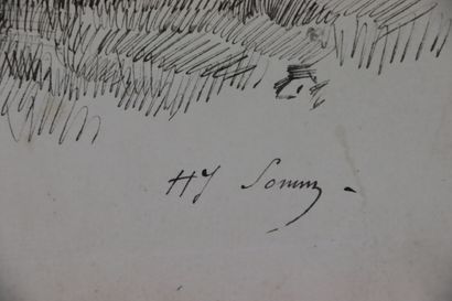 null Henry SOMM (1844-1907). 

Jeune femme aux fleurs. 

Encre sur papier. 

Signée...