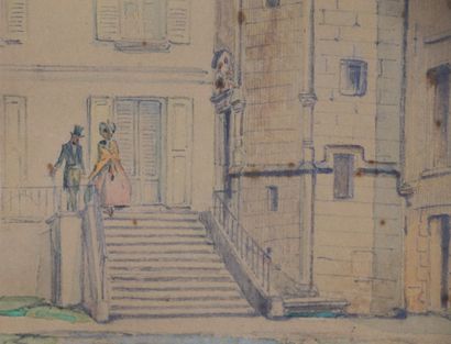 null French school around 1830-1840.

Family enjoying the exterior of a house.

Pencil...