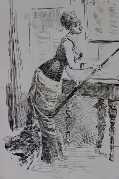 null Henry SOMM (1844-1907). 

La joueuse de billard. 

Encre sur papier. 

Signée...