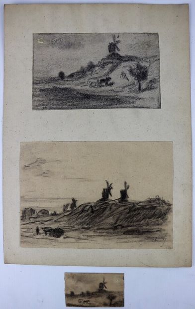 null Charles Emile JACQUE (1813-1894).

Ensemble de trois dessins figurant une charette...