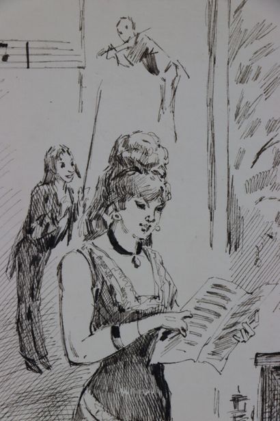 null Henry SOMM (1844-1907). 

La musicienne. 

Encre sur papier. 

Signée en bas...