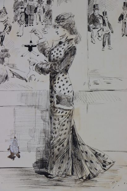 null Henry SOMM (1844-1907). 

"Shop 13" Elegante with puppets. 

Ink on paper. 

Signed...