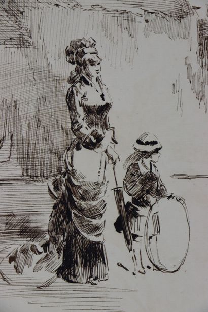 null Henry SOMM (1844-1907). 

Elegant woman and her daughter on a walk. 

Ink on...