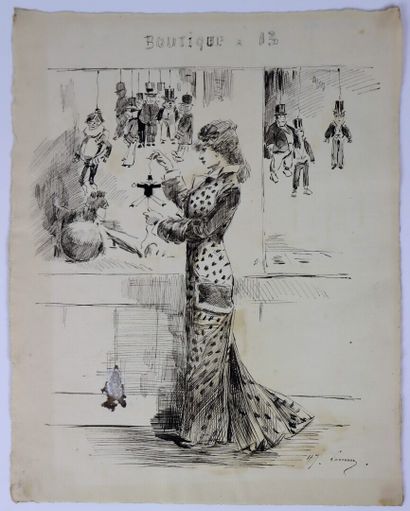 null Henry SOMM (1844-1907). 

"Shop 13" Elegante with puppets. 

Ink on paper. 

Signed...