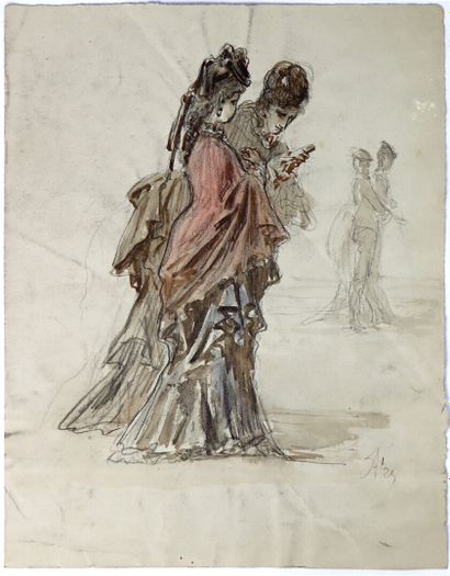 null French school of the XIXth century.

Elegantes.

Pencil and watercolor on paper.

H_32...