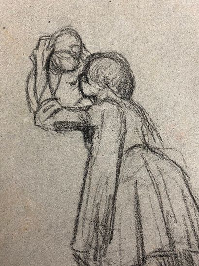 null French school of the 19th century.

Woman wiping an object.

Charcoal on paper.

H_22...