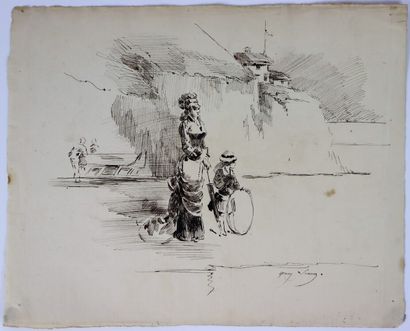 null Henry SOMM (1844-1907). 

Elégante et sa fille en promenade. 

Encre sur papier....