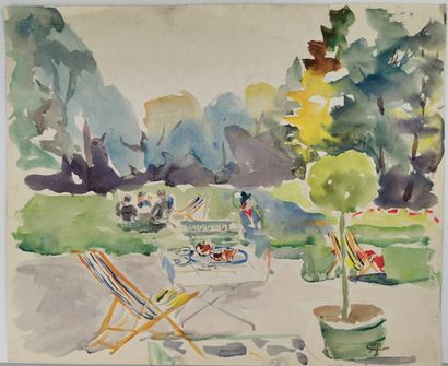 null Josey PILLON (1876 - ? ).

Journée au parc de Louveciennes.

Aquarelle et crayon...