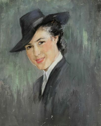 null Josey PILLON (1876 - ? ).

Jeune femme au chapeau.

Technique mixte sur toile.

H_54,5...