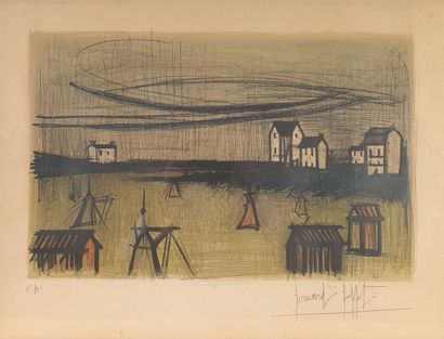 null Bernard BUFFET (1928-1999).

View of a village in grey weather. 

Lithograph...