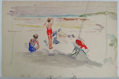 null Josey PILLON (1876 - ? ).

La plage à Brignogan.

Aquarelle et crayon sur papier,...