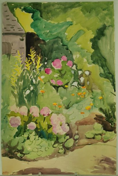 null Josey PILLON (1876 - ? ).

Jardin fleuri en Bretagne.

Aquarelle et crayon sur...