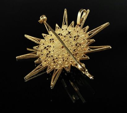 null Broche pouvant former pendentif figurant un soleil, en or jaune.

L_5 cm.

12,10...