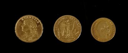 null Lot de cinq pièces en or :

- trois pièces de 20 francs or, Suisse, 1914 A,...